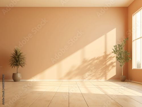 Sunlight outside the window and light and shadow on the wall, 3D rendering of an empty room indoors