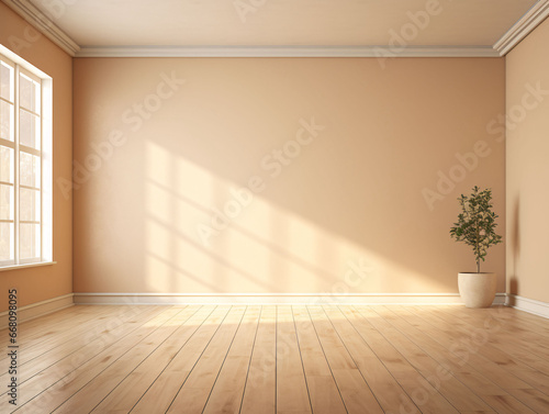 Sunlight outside the window and light and shadow on the wall, 3D rendering of an empty room indoors