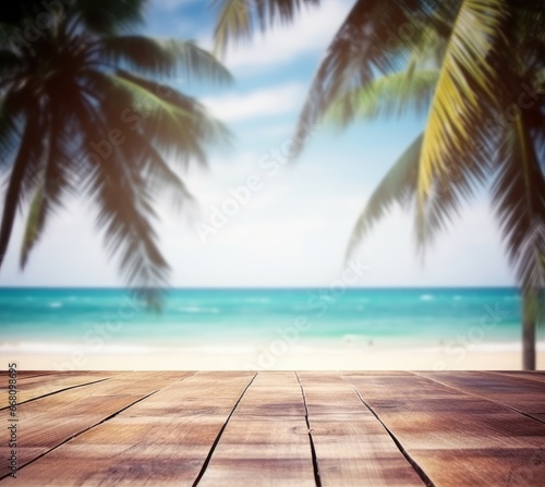 Empty wooden table on a beautiful blured tropical beach background. generative ai. Summer holiday background for product display, Generative AI © Morningmaze