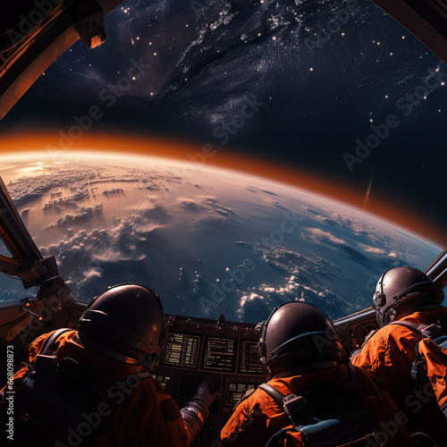 Space Explorers in a Cabin of a Spaceship © Roman P.