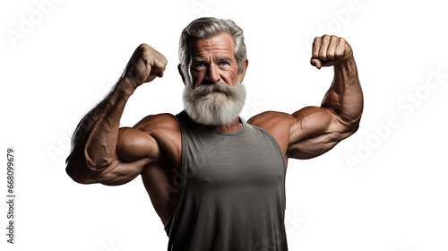 Old man showing muscle on a white background, strong man.