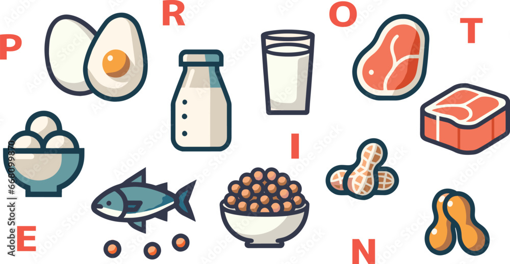 Set of protein food icons. Vector illustration in flat design style. Generative AI. - obrazy, fototapety, plakaty 