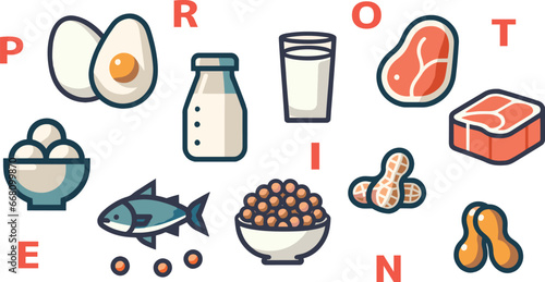 Set of protein food icons. Vector illustration in flat design style. Generative AI.