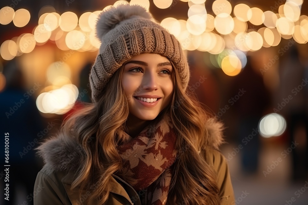 A woman wearing a winter hat and scarf while out looking at Christmas lights. A woman wearing a winter hat and scarf while out looking at Christmas lights.