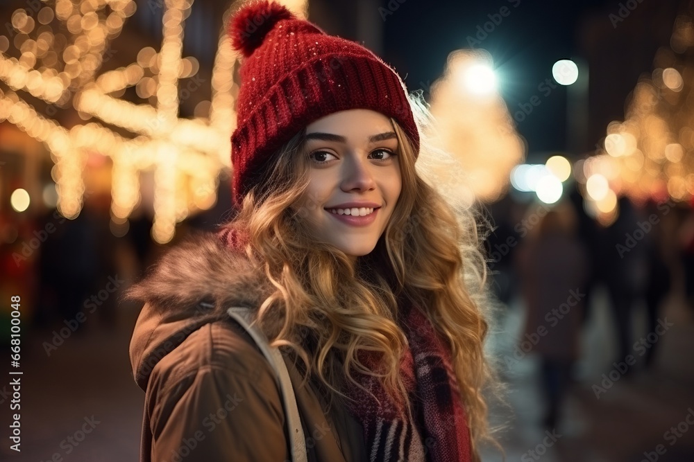 A woman wearing a red hat and a brown jacket while out looking at Christmas lights A woman wearing a red hat and a brown jacket while out looking at Christmas lights
