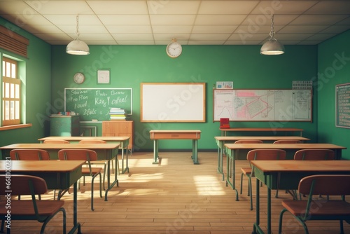 Classroom with school desks and green chalkboard  empty space  without children