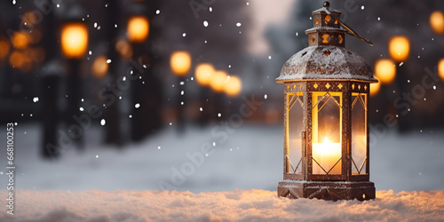 A Christmas lantern in the snow an evening at Christmas Generative AI