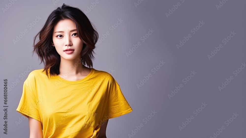 Asian woman wearing yellow t-shirt isolated on gray background Asian woman wearing yellow t-shirt isolated on gray background