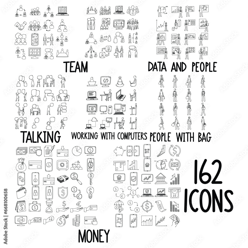 Set of doodles vector icon Team, Data and people, Talking, Working with computers, People with bag, Money eps10