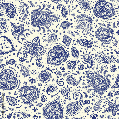 Damask paisley seamless repeat pattern on white background. Random placed, blue vector heritage, boho elements all over surface print.