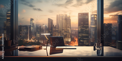 A desk with a view of the city skyline in the background Generative AI
