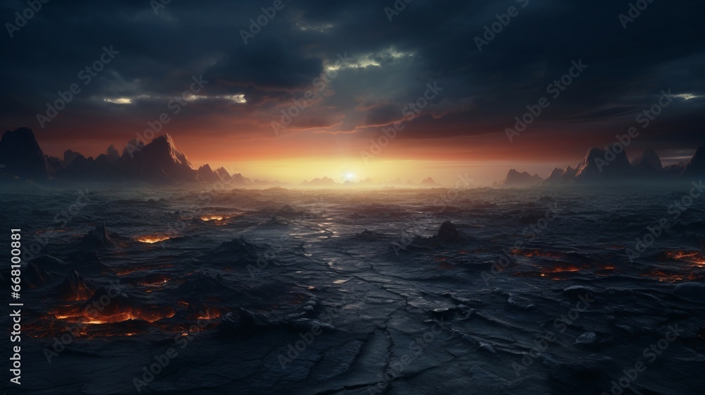 Fantastical scorched landscape with fire and dark water, atmospheric horizon full of light in front of eroded surface, dreamy environmental wallpaper