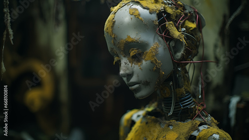 In the near future, an abandoned, rusty, moss-grown female android robot.