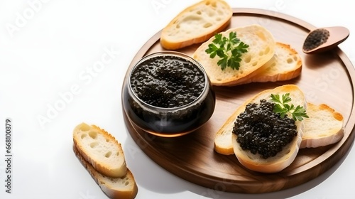 Sturgeon black caviar in wooden bowl, sandwiches on white background copy space