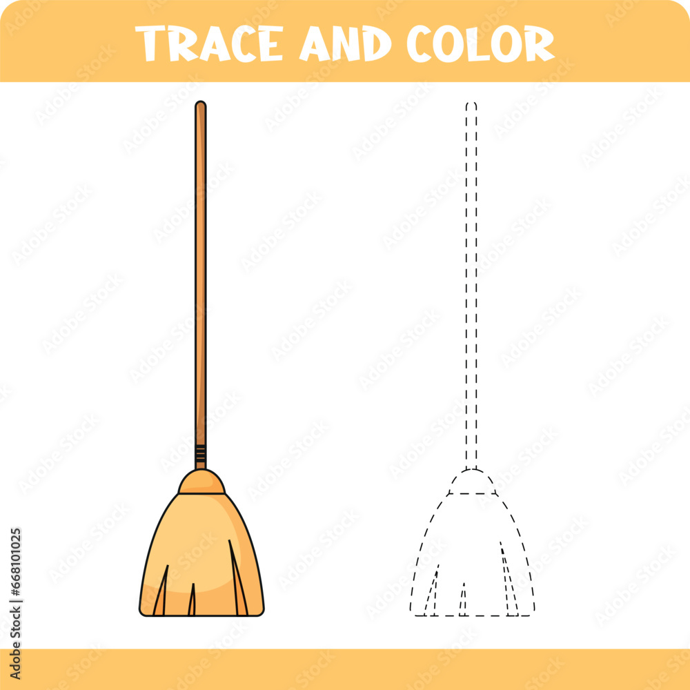 Naklejka premium Trace and color page with handwritting practice for toddlers. Educational worksheet for kids. Trace Broom