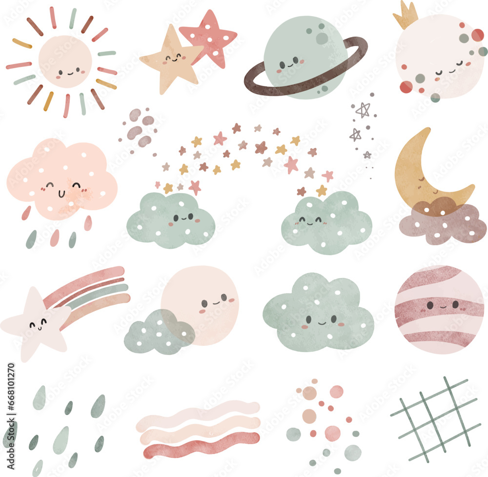 Fototapeta premium Watercolor Illustration set of cloud, star, sun, rainbow and boho elements