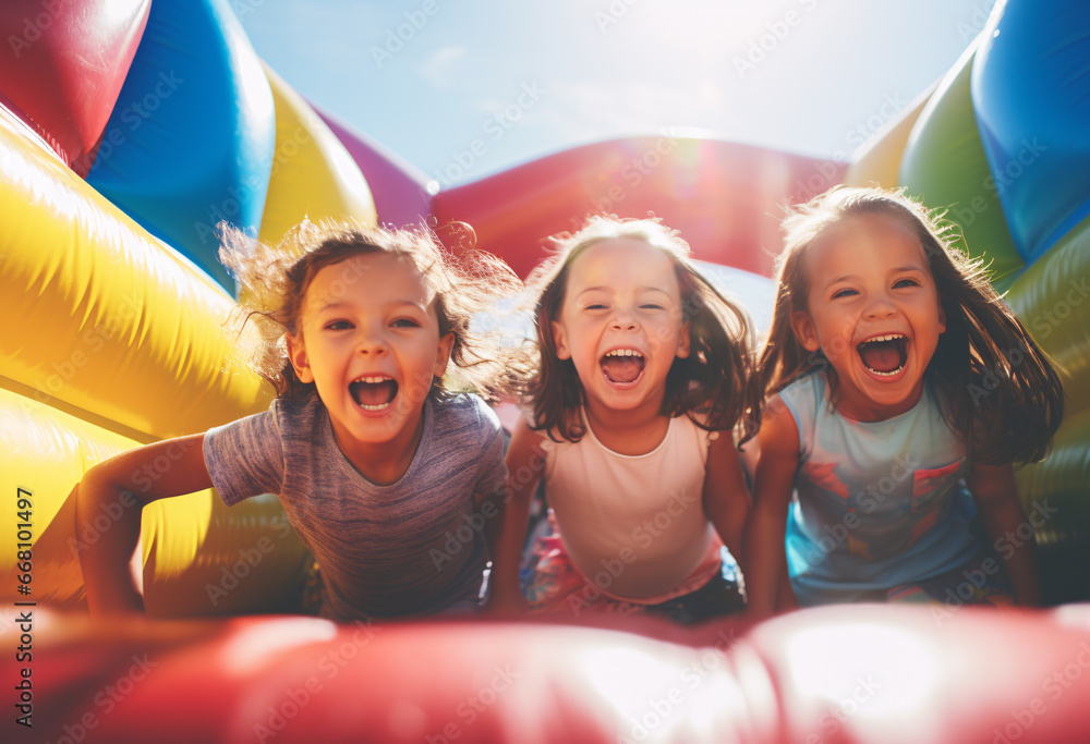 Kids on the inflatable bounce house, Capture the joyous energy of group of little Caucasian girls at playing bouncing and laughing in an inflatables bouncer castle - obrazy, fototapety, plakaty 