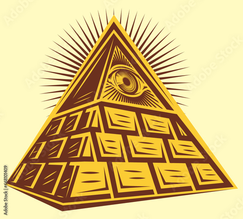 Stylized Masonic pyramid with an eye on a pale yellow background. Vector illustration. Template for design