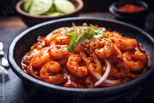 Close up of shrimp chili on a plate in modern restaurant. Meal concept of food and cooking.