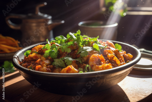 Close up of shrimp chili on a plate in modern restaurant. Meal concept of food and cooking.