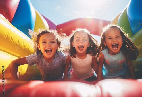Kids on the inflatable bounce house, Capture the joyous energy of group of little Caucasian girls at playing bouncing and laughing in an inflatables bouncer castle photo