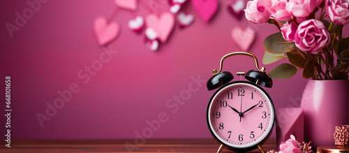 Clock black to love on pink background. A time for flowers and romance Valentines Day. Love conquers time! Minute by second, love grows. Pink & red romantic colors and black minutes & seconds hands.