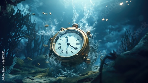 Dystopian clock submerged underwater, scenic scene with an aquatic theme, created with AI