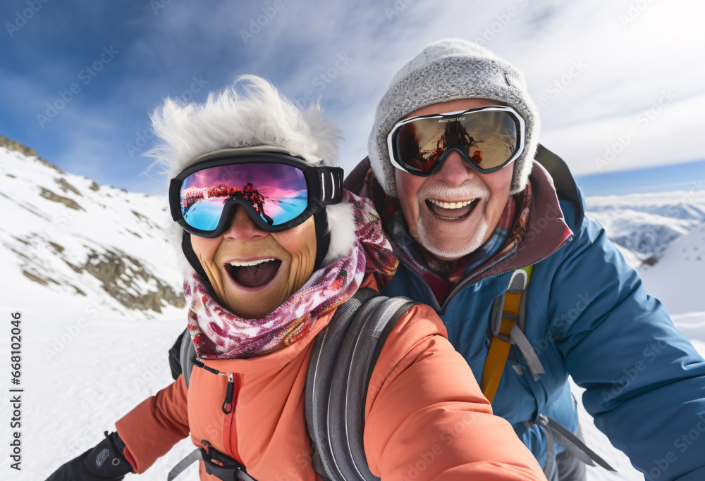 senior woman and man with ski goggles wearing ski clothing and warm hat skiing in snowy land content and happy senior woman and man with ski goggles wearing ski clothing and warm hat skiing in snowy land content and happy