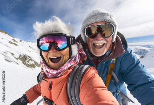 senior woman and man with ski goggles wearing ski clothing and warm hat skiing in snowy land content and happy