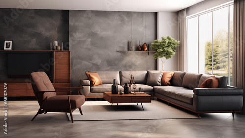 A stately living room with a leather sofa and footrest, and walls decorated with marble. © 대연 김