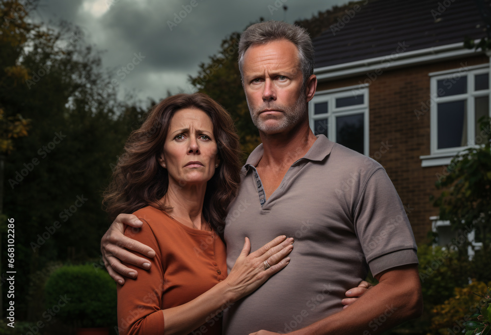 middle aged couple struggling with debt who have been turned down for a mortgage in the uk, a husband and wife standing in front of their home huge each other with worrying expression 