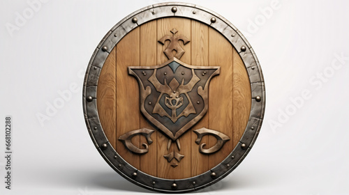 Wooden medieval round shield Viking shield painted isolated on white background