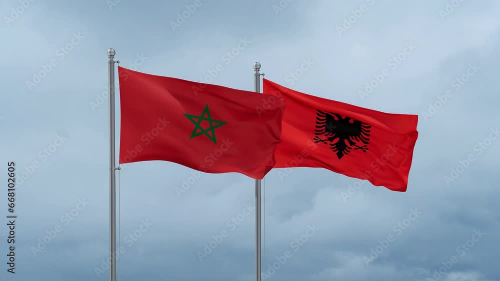 Morocco flag and Albania flag waving together on cloudy sky, endless seamless loop Morocco flag and Albania flag waving together on cloudy sky, endless seamless loop