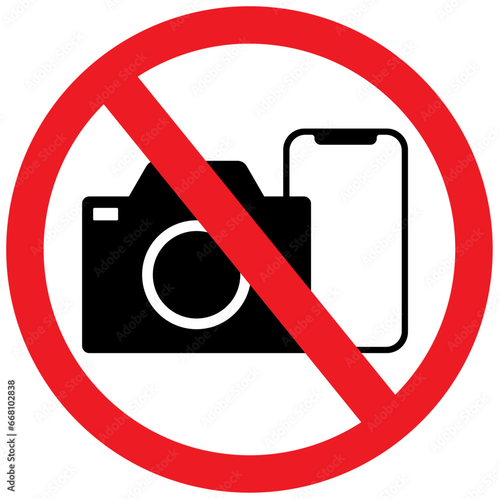 No cameras, no mobile phones allowed sign icon, no photography or video, prohibition sign in red color symbol. Crossed out circle illustration, no taking pictures or video graphic design. No cameras, no mobile phones allowed sign icon, no photography or video, prohibition sign in red color symbol. Crossed out circle illustration, no taking pictures or video graphic design.
