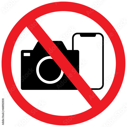 No cameras, no mobile phones allowed sign icon, no photography or video, prohibition sign in red color symbol. Crossed out circle illustration, no taking pictures or video graphic design.