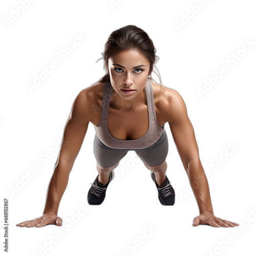 Woman doing push-ups isolated on transparent or white background, png