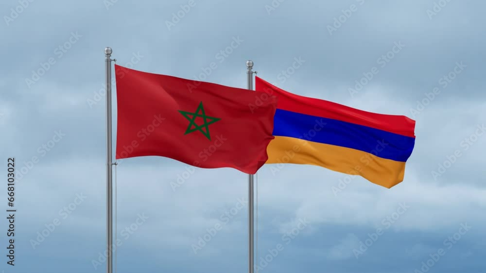 Armenia and Morocco flag waving together on cloudy sky, endless seamless loop, two country cooperation concept Armenia and Morocco flag waving together on cloudy sky, endless seamless loop, two country cooperation concept