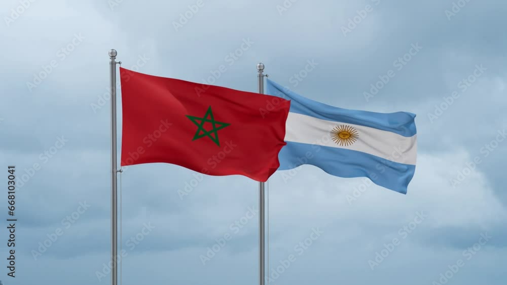 Argentina flag and Morocco flag waving together on cloudy sky, endless seamless loop, two country relations concept Argentina flag and Morocco flag waving together on cloudy sky, endless seamless loop, two country relations concept