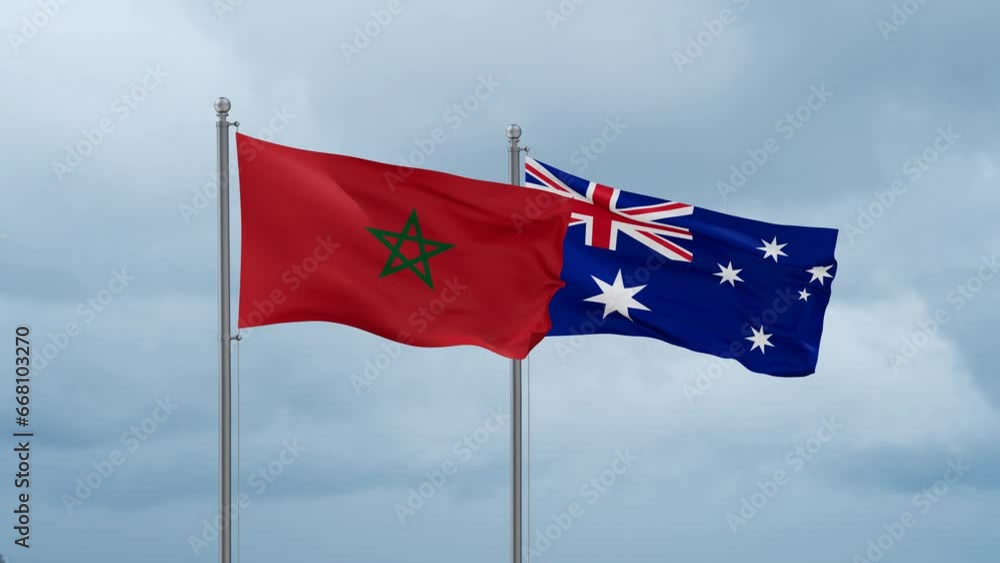 Australia flag and Morocco flag waving together on cloudy sky, endless seamless loop, two country relations concept Australia flag and Morocco flag waving together on cloudy sky, endless seamless loop, two country relations concept