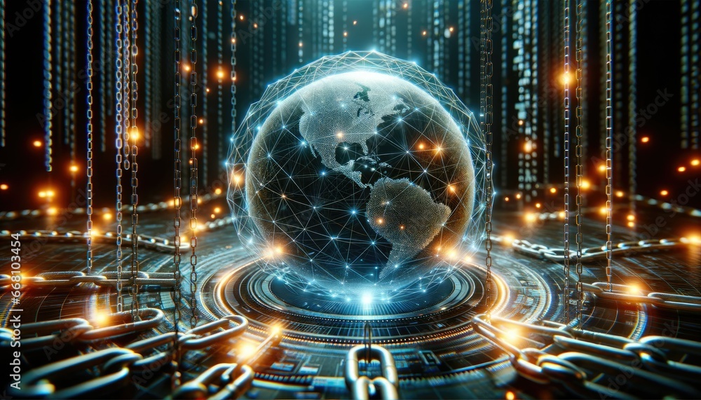 A digital Earth encased in a protective mesh illuminates a cyber realm. Radiant circuits hint at global connections, emphasizing the importance of worldwide cybersecurity.