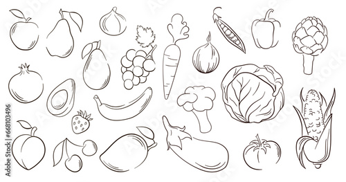 Vegetables and fruits in line art style. Big set of hand drawn vegetables, fruits and berries. Vector illustration isolated on a white background.
