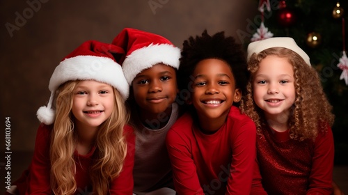 multicultural happy christmas party smiling group of children dressed in santa hats.