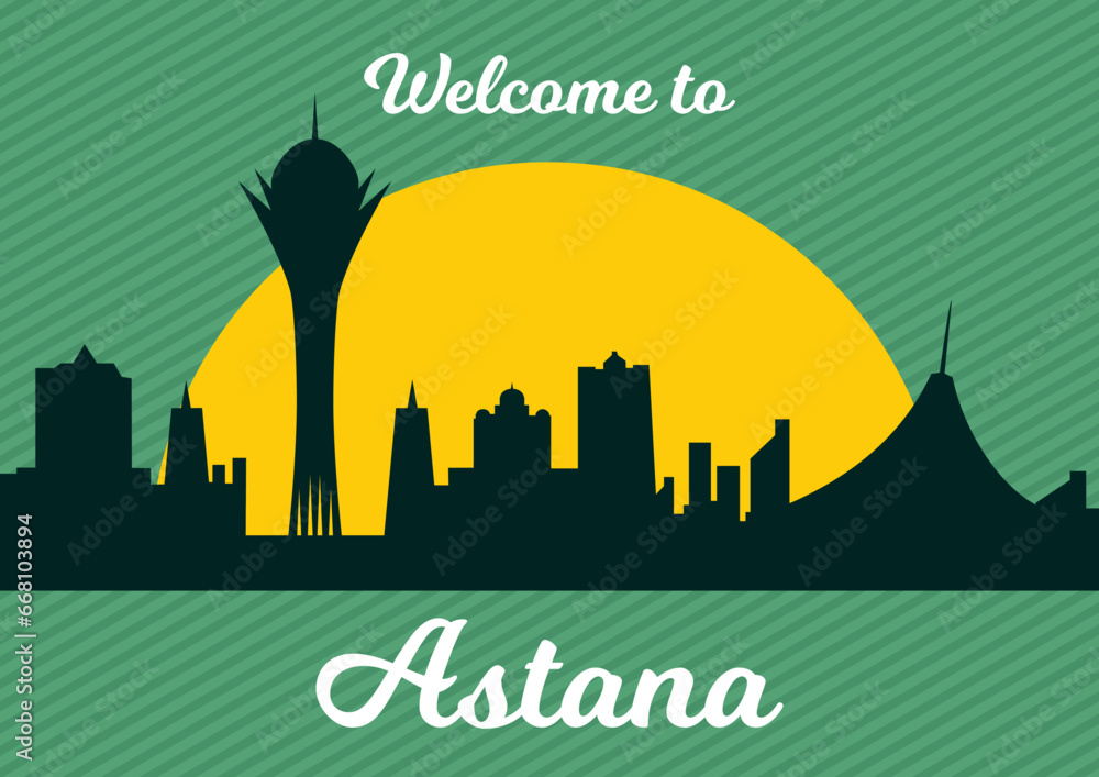 Vector illustration. Festive postcard for the Day of the City of Astana,  Republic of Kazakhstan, silhouettes of sights