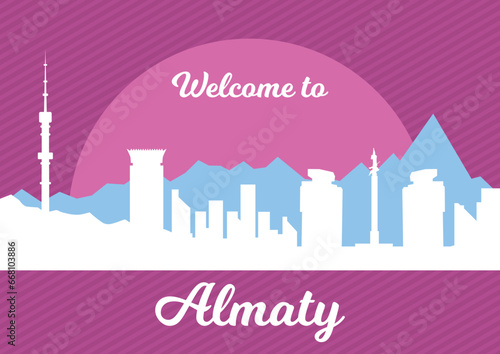 Vector illustration. Festive postcard for the Day of the City of Almaty, Republic of Kazakhstan, silhouettes of sights