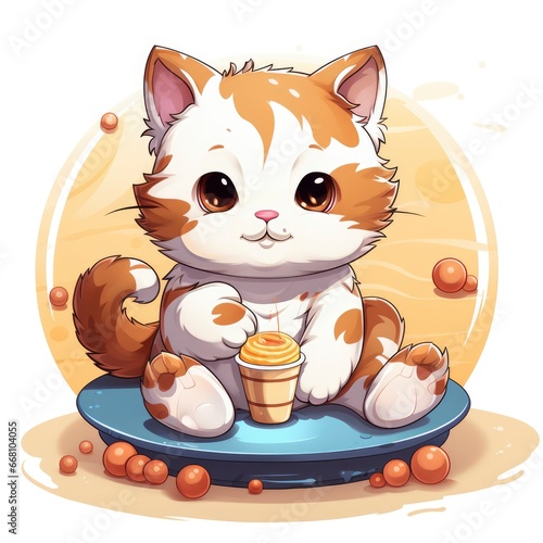 Cat Eating Donut With CoffeeIcon ,Cartoon Illustration, For Printing photo