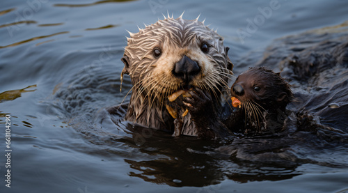 Two otters floating in water
