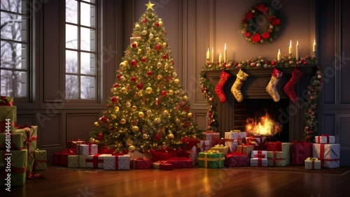 Lighted Christmas tree, variety of gifts, snowy window view. Home celebration setup.