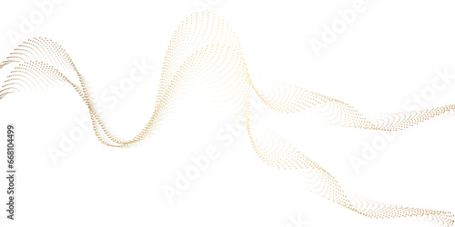 Abstract flowing golden dots particles wave curved lines on transparent background. Frequency sound, technology curve dots lines. Design for technology, science, banner, business, games.
