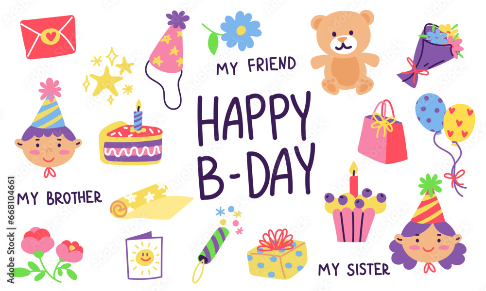 A collection of various festive elements for a birthday party with an inscription. A set of simple and cute design items. Vector hand-drawn illustration. All elements are isolated. Portraits birthday A collection of various festive elements for a birthday party with an inscription. A set of simple and cute design items. Vector hand-drawn illustration. All elements are isolated. Portraits birthday