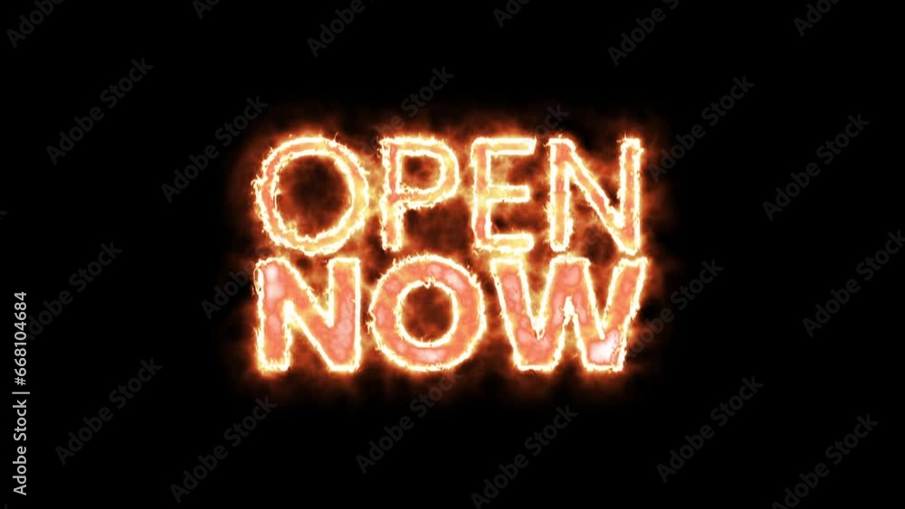 open now fire animation text. Fire Burning text promo animation. 4K motion animation. open now fire animation text. Fire Burning text promo animation. 4K motion animation.